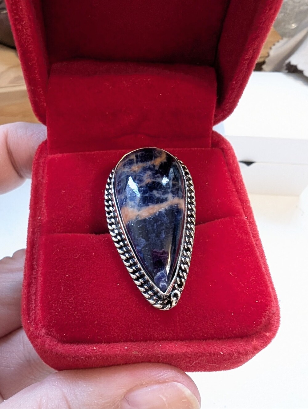 Vintage Handmade Soadalite Teardrop Gemstone In Sterling Silver Size 6